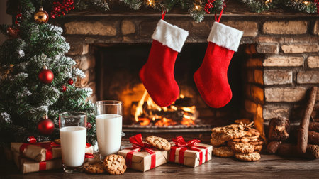 Festive fireplace scene with stockings, presents, Christmas tree, and holiday decor, cookies and milk set out for a cozy feel.の素材