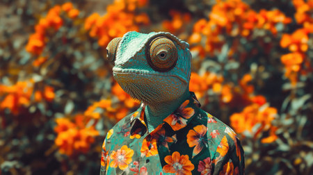 A humanoid chameleon wearing a bright floral pattern shirt, blending art and nature in a surreal compositionの素材