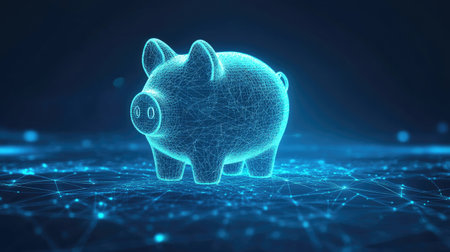 Piggy bank and coin, abstractly formed by lines and triangles, floating on a blue digital background, symbolizing modern financeの素材
