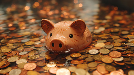 Piggy bank nearly submerged in a sea of copper pennies, evoking the struggle of managing small savings in a vast financial sea.の素材