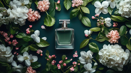 Perfume bottle and fougere flowers arranged artistically from a top view, highlighting the delicate floral aroma.の素材