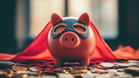 Piggy bank with superhero mask and cape, surrounded by coins, evoking the idea of saving money to achieve heroic financial goals.の素材
