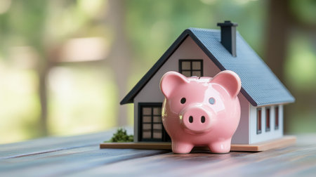 Pink piggy bank next to a small house model, highlighting the financial goal of saving for a home.の素材