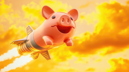 Piggy bank flying on a rocket against a vibrant yellow sky, symbolizing saving money and investing for the future.の素材