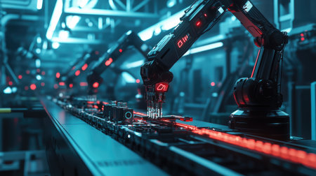 Robotic arms working on a production line in a high-tech, futuristic factory, showcasing the efficiency of modern manufacturing.の素材