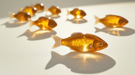 Omega 3 fish oil capsules shaped like fish, displayed against a clean white surface with shadows and reflections, symbolizing health benefitsの素材