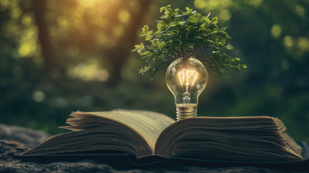 A light bulb placed inside a book, with a tree sprouting from its base, representing the power of ideas and natureの素材