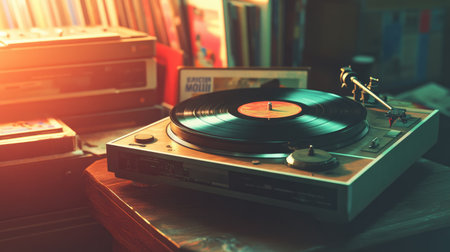 Vintage turntable with vinyl records strewn around, pop rock album covers creating a nostalgic atmosphere under warm, ambient light.の素材