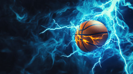 Dynamic blue lightning envelops a basketball, radiating the thrill of the sport on a dark backgroundの素材
