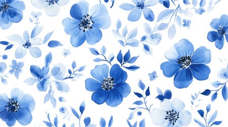 Blue watercolor flower pattern with intricate details on a pure white background, ideal for a light and fresh designの素材