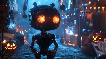 A high-tech AI robot with glowing eyes, standing in a Halloween-themed setting filled with spooky decorationsの素材