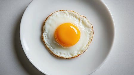 A single fried egg with a golden yolk, centered on a clean white plate, showcasing a minimalist food compositionの素材