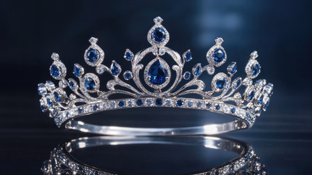 A magnificent silver crown embedded with sapphires, set on a reflective surface, radiating elegance and splendorの素材