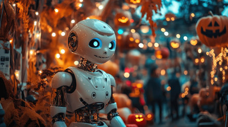 An AI robot dressed in Halloween costume, surrounded by spooky decorations, blending technology with holiday funの素材