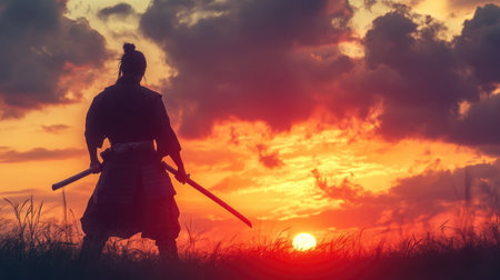 A lone samurai warrior facing a dramatic sunset, katana in hand, embodying strength, tradition, and honorの素材
