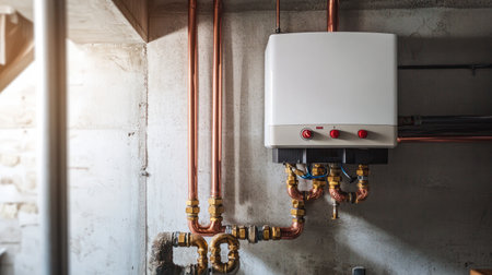 A modern tankless water heater, featuring copper pipes and a sleek design, installed in a neat basementの素材