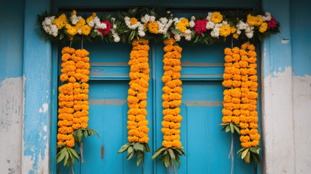 Beautiful marigold and mango leaf garland hung on a door, representing traditional Indian festive decorationsの素材