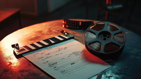 A partially unspooled film reel lying on a table next to a clapperboard and script, capturing the essence of filmmakingの素材