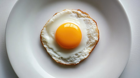 A single fried egg with a golden yolk, centered on a clean white plate, showcasing a minimalist food compositionの素材