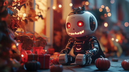 An AI robot dressed in Halloween costume, surrounded by spooky decorations, blending technology with holiday funの素材