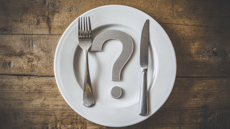 A silver question mark placed on a white plate with a knife and fork, symbolizing food choices and uncertaintyの素材