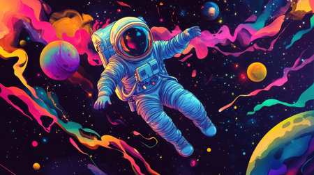 An astronaut drifts through a colorful universe filled with bright planets and cartoon stars, exploring the depths of spaceの素材