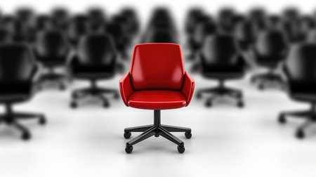 A single red office chair among black ones on a white background, representing leadership and standing out in the crowdの素材