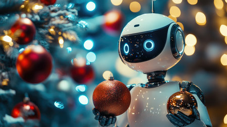A sleek AI robot holding Christmas ornaments, symbolizing the fusion of technology and festive celebrationの素材