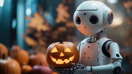 AI robot holding a carved pumpkin, surrounded by Halloween decor, symbolizing the intersection of technology and Halloween traditionsの素材