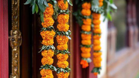 Beautiful marigold and mango leaf garland hung on a door, representing traditional Indian festive decorationsの素材