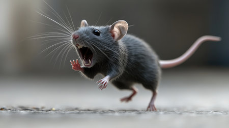 Close-up of a frightened gray rat sprinting away, mouth open in a scream, expressing panic and fearの素材