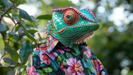 Humanoid chameleon in a brightly colored floral shirt, blending seamlessly with its background in a fusion of nature and artの素材
