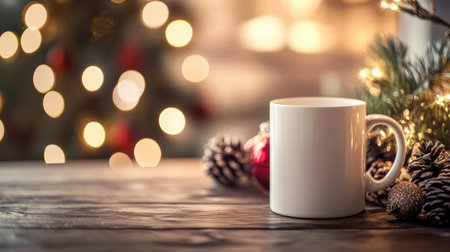 Christmas mockup scene with a blank white mug, surrounded by decorations and bokeh lights, festive and inviting.の素材