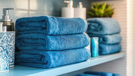Neatly folded blue towels on a bathroom shelf, creating a sense of order and adding a splash of colorの素材