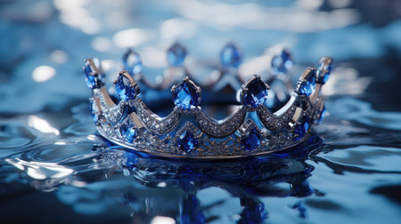 Stunning silver crown with sapphire gemstones, beautifully placed on a glossy surface, reflecting royalty and luxuryの素材