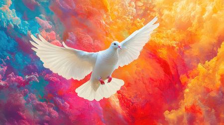 A white dove in flight, soaring across a vibrant, colorful background, symbolizing peace and hope.の素材