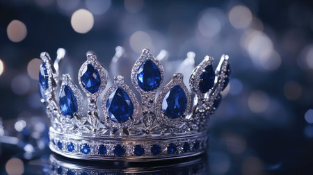Regal silver crown adorned with blue sapphires, resting on a polished surface, exuding luxury and sophisticationの素材