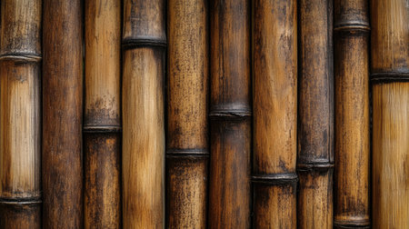 Close-up of bamboo fence with detailed wood grain, providing a warm, natural background with organic appeal.の素材