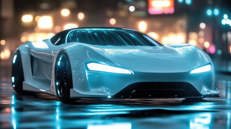 Stylish white car with glowing headlights and grill lights, emphasizing sleek design and a futuristic appearanceの素材