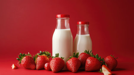 Fresh strawberries and milk bottles, placed on a red background, perfect for a refreshing and healthy concept.の素材