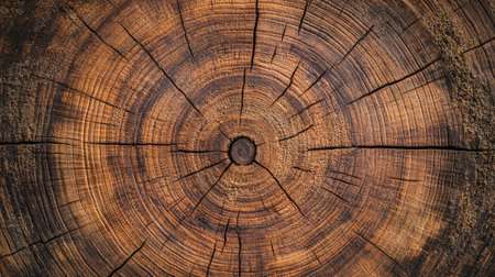 Detailed cross-section of an old tree trunk, showing rings and texture, creating a natural wooden banner template.の素材