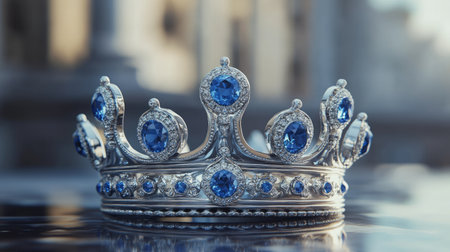 Regal silver crown adorned with blue sapphires, resting on a polished surface, exuding luxury and sophisticationの素材