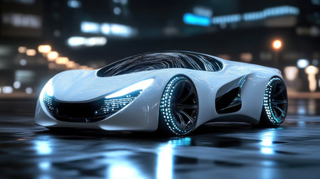 Stylish white car with glowing headlights and grill lights, emphasizing sleek design and a futuristic appearanceの素材