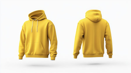 Yellow blank hoodie mockup shown in front and back view on a plain white background, ideal for showcasing custom designs.の素材