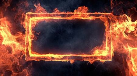 Rectangular frame outlined in flames, set against a dark background, offering a striking and fiery visual element.の素材