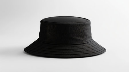 Simple black bucket hat rendered in 3D on white, perfect for fashion branding or product visualization.の素材