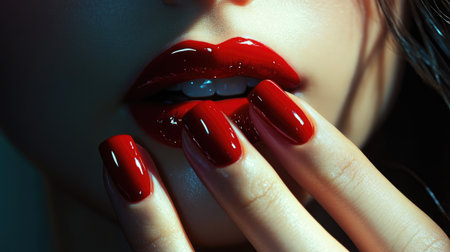 Red lips and long, polished nails in a detailed close-up, capturing feminine beauty and sophistication.の素材