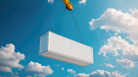 White shipping container being lifted by a large crane, industrial background with blue sky, transportation conceptの素材