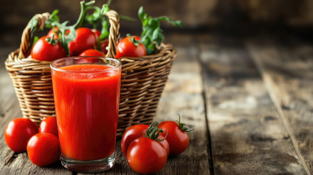 A basket of ripe tomatoes and a glass of fresh tomato juice sitting on a wooden table, creating a fresh and healthy scene.の素材