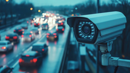 A close-up of a CCTV camera mounted along a highway, with heavy traffic jams in the background, blurred for emphasis.の素材